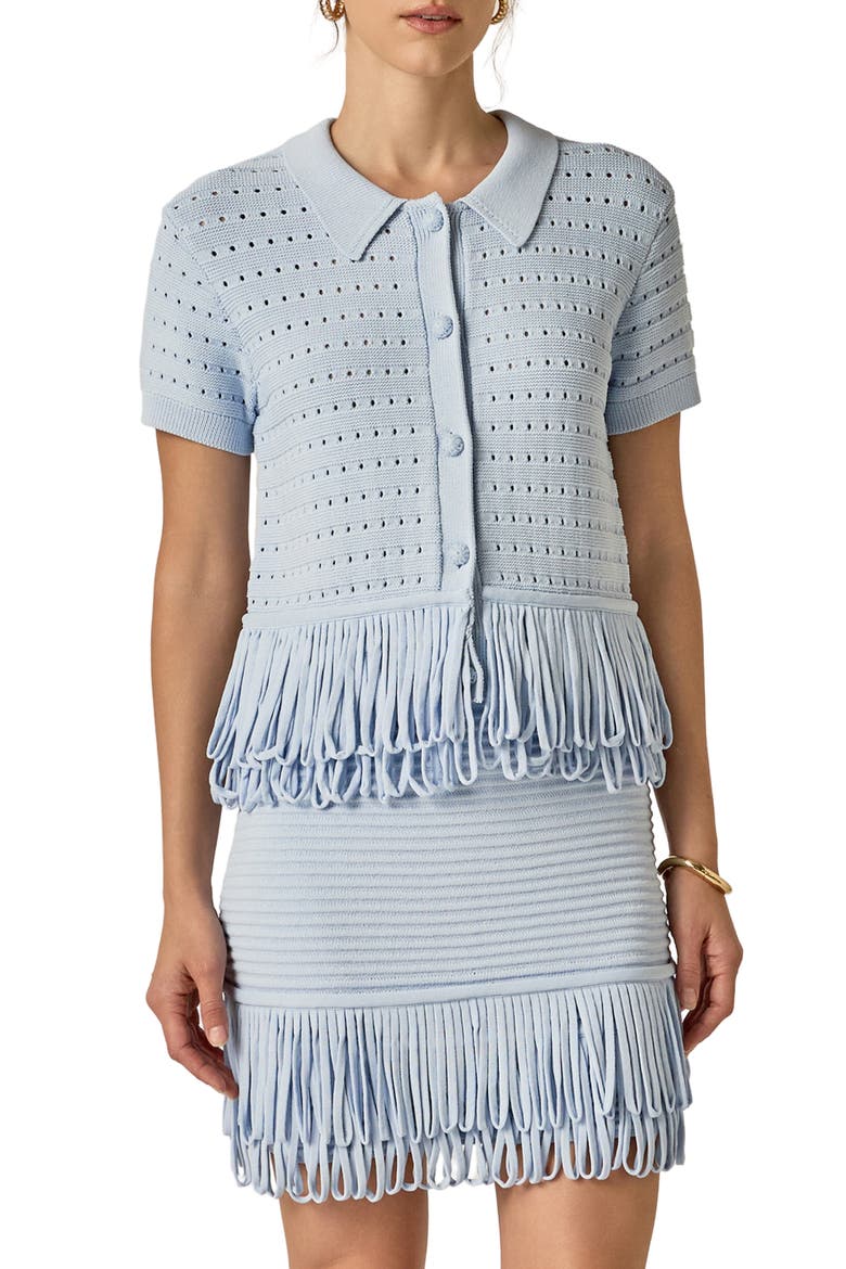 Fringe Trim Knit Shirt, Main, color, POWDER BLUE
