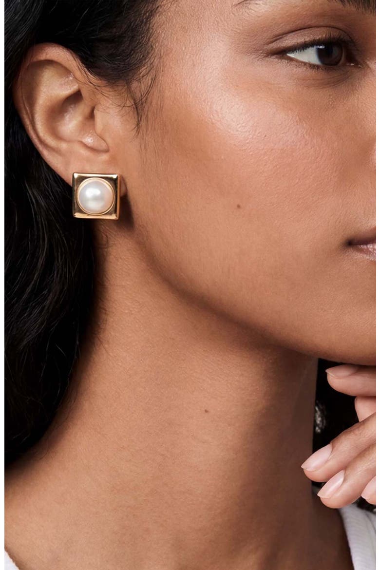 Square Faux Pearl Stud Earrings, Alternate, color, GOLD