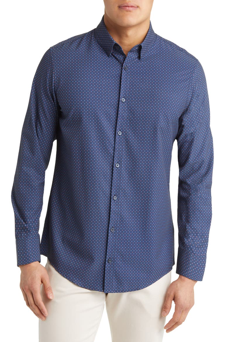 Leeward Dot Print Stretch Performance Button-Up Shirt, Main, color, DEEP OCEAN MULTI DOT PRINT