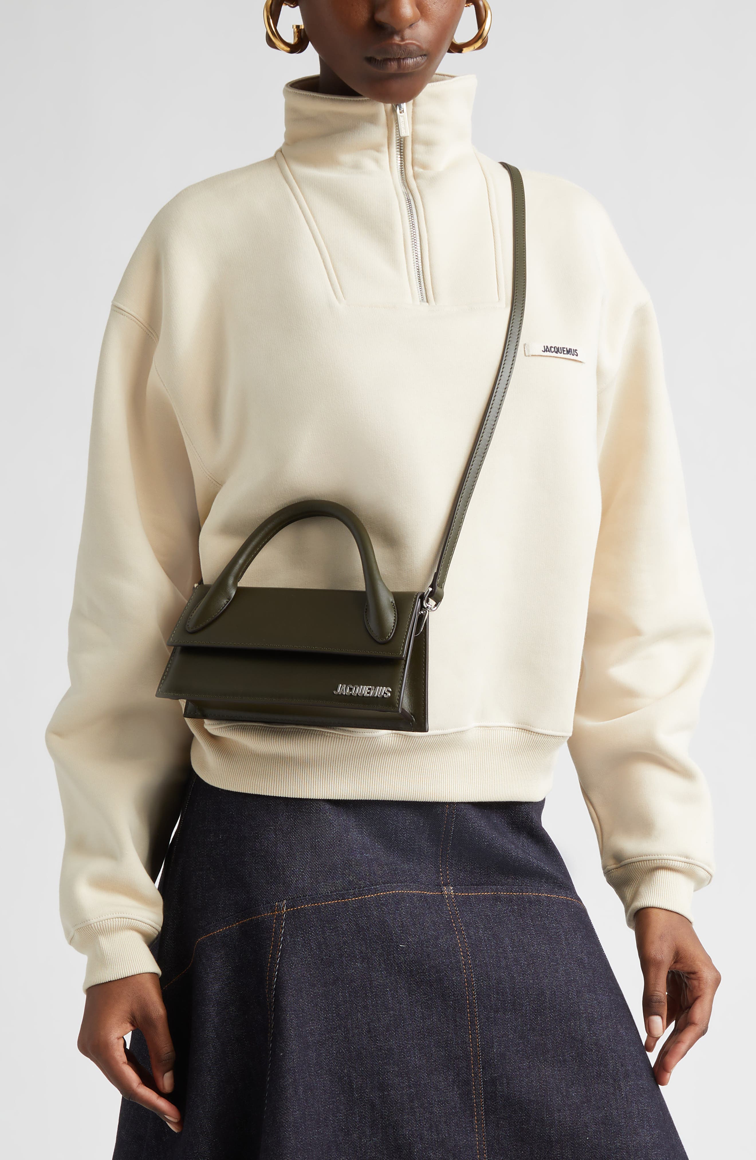 Jacquemus Le Chiquito Long Leather Top Handle Bag, Alternate, color, Dark Khaki 580