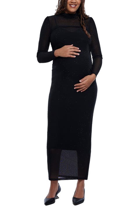 Mesh Turtleneck Maxi Maternity Dress