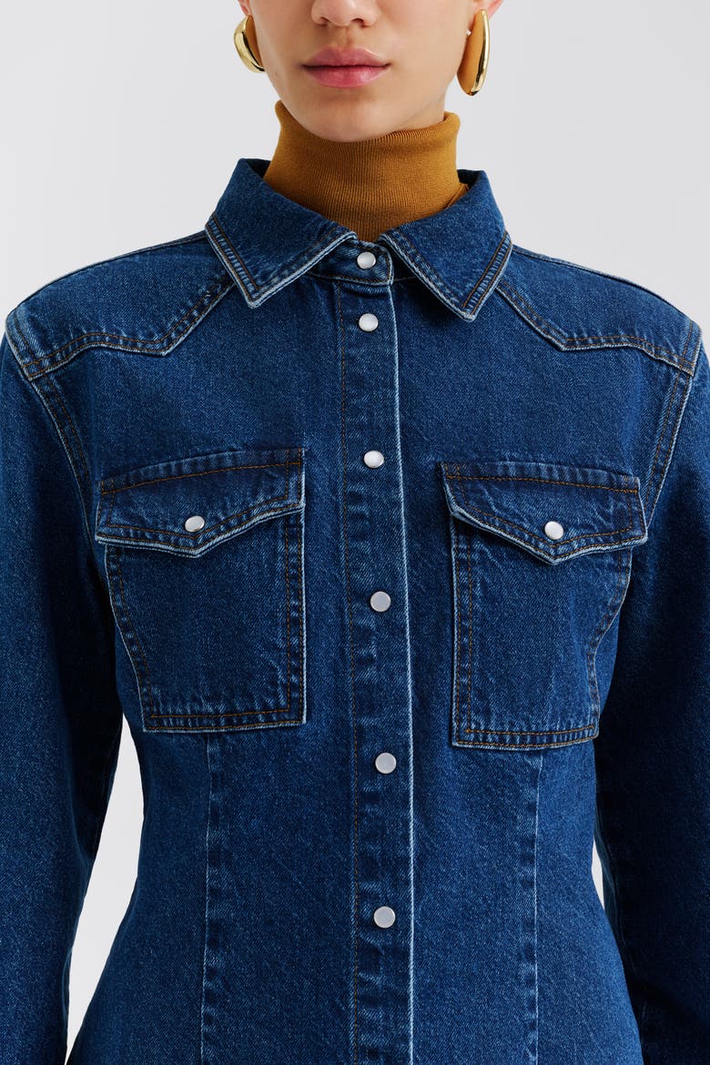 Anthea Fitted Waist Denim Shirt, Alternate, color, Dark Blue Wash