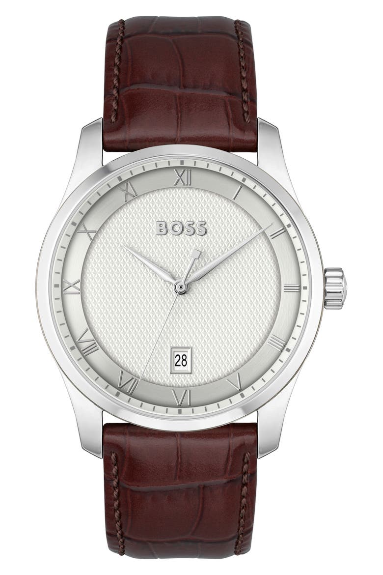 Principle Leather Strap Watch, 45mm, Main, color, SILVER