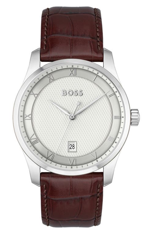BOSS Principle Leather Strap Watch, 45mm in Silver at Nordstrom