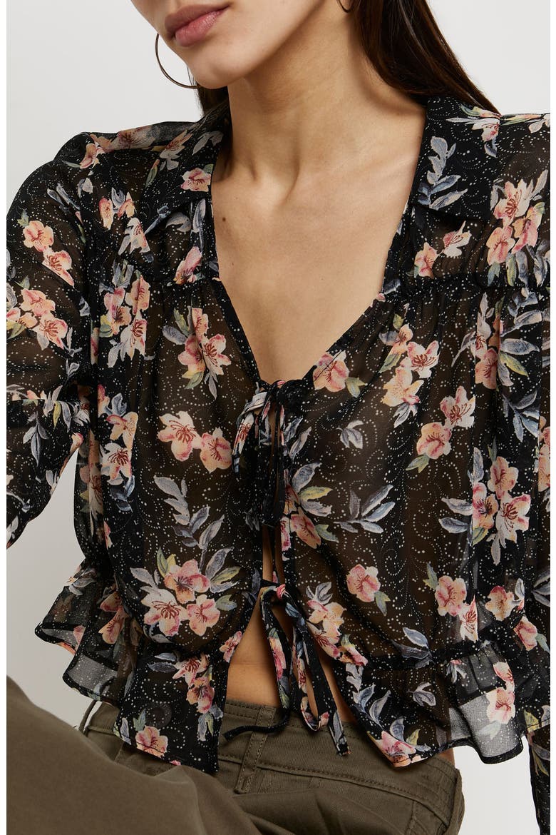Print Tie Front Crop Blouse, Alternate, color, BLACK