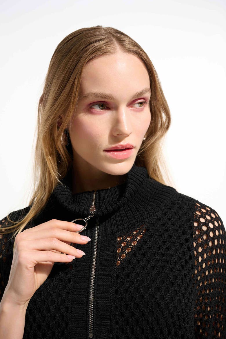 Vicscose Blend Boxy Sweater Knit With Zipped Neckline, Alternate, color, Black