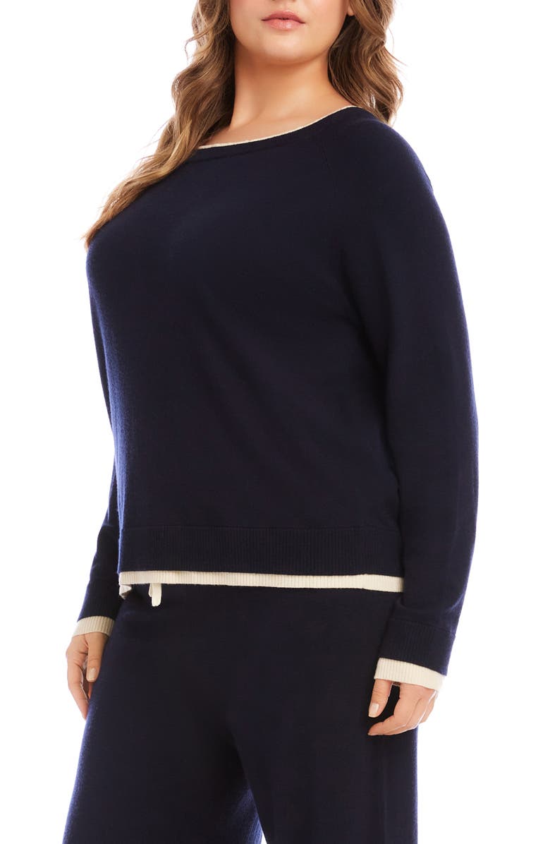 Karen Kane Contrast Trim Crewneck Sweater, Alternate, color, Navy/ Cream