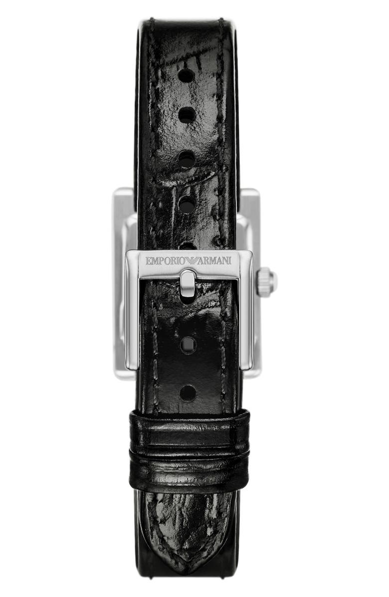 Emporio Armani Crystal Bezel Tank Leather Strap Watch, 20mm x 26mm, Alternate, color, Black