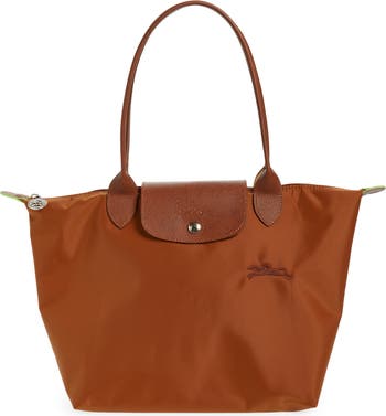 Longchamp Le Pliage Foldable Shoulder Purse top Tote Bag Brown Fabric Leather Trim