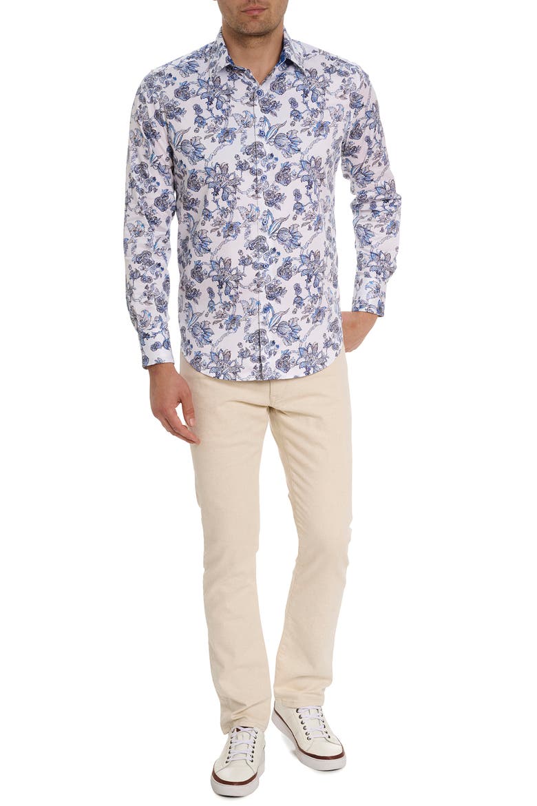 Sea Bloom Floral Stretch Cotton Button-Up Shirt, Alternate, color, BLUE/ WHITE