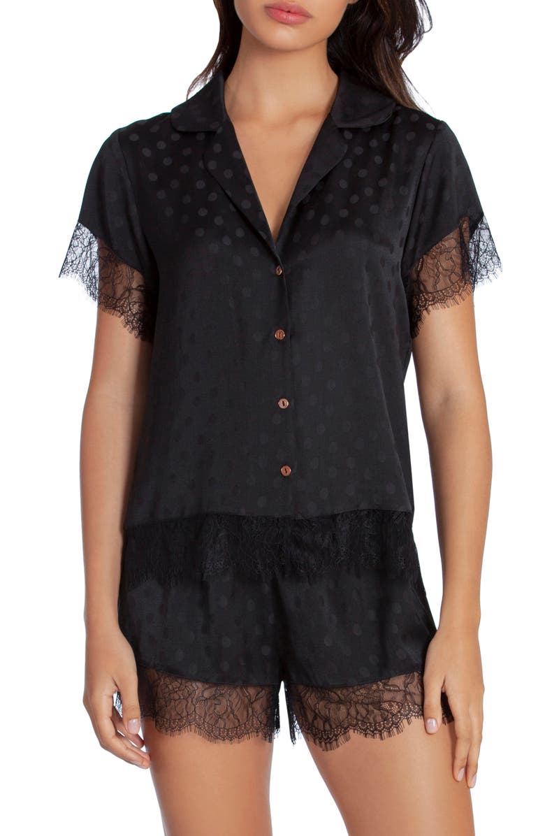 Midnight Bakery Lace Trim Dot Satin Short Pajamas, Main, color, 