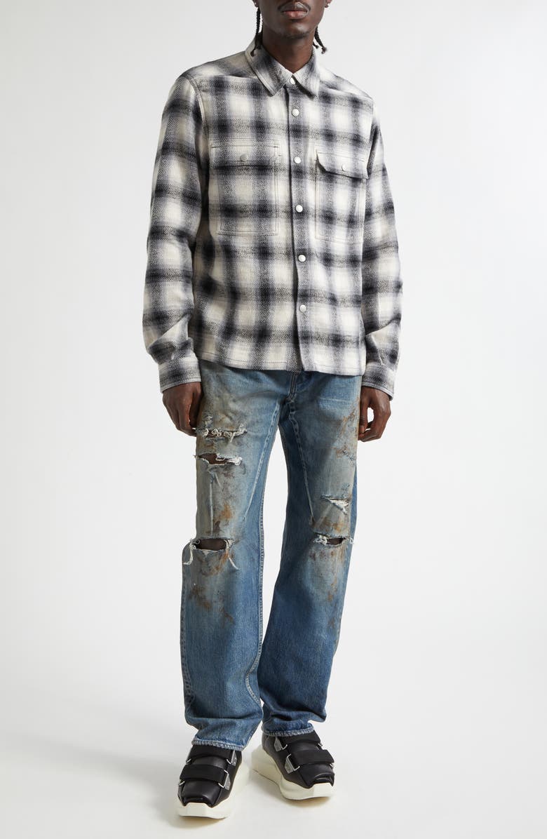 Rick Owens DRKSHDW Ombré Plaid Cotton Flannel Snap-Up Shirt, Alternate, color, Grey Ombre Plaid