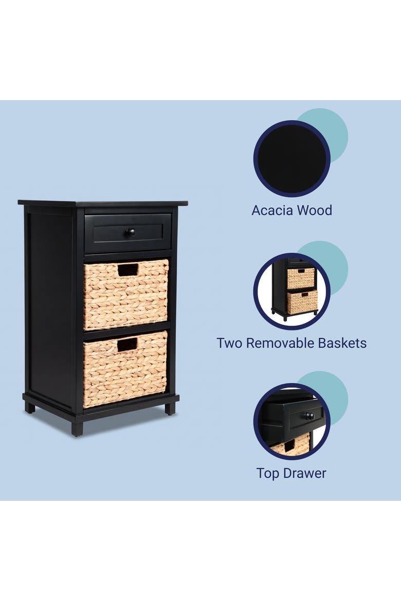 Malibu Rustic Handcrafted Acacia Wood Accent Storage Nightstand with Drawer and 2 Water Hyacinth Woven Baskets, Alternate, color, Black