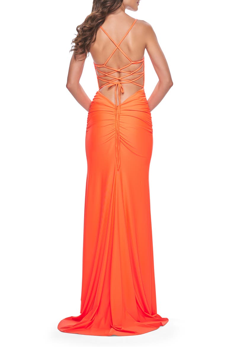 Neon Illusion Lace Bodice Prom Dress with Rhinestones, Alternate, color, Bright Orange