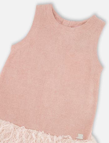 Sleeveless Bi-Material Lurex Dress with Feathers