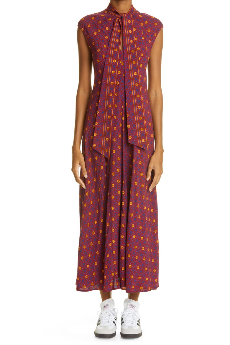 Madras Floral Print Tie Neck Midi Dress, Main, color, BORDEAUX/ VIOLET/ MANDARIN