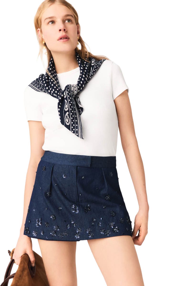 maje Embroidered layered denim shorts, Alternate, color, Navy