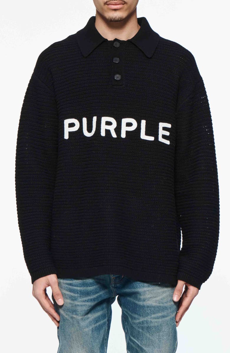 PURPLE BRAND Logo Embroidered Wool Polo Sweater, Main, color, Black