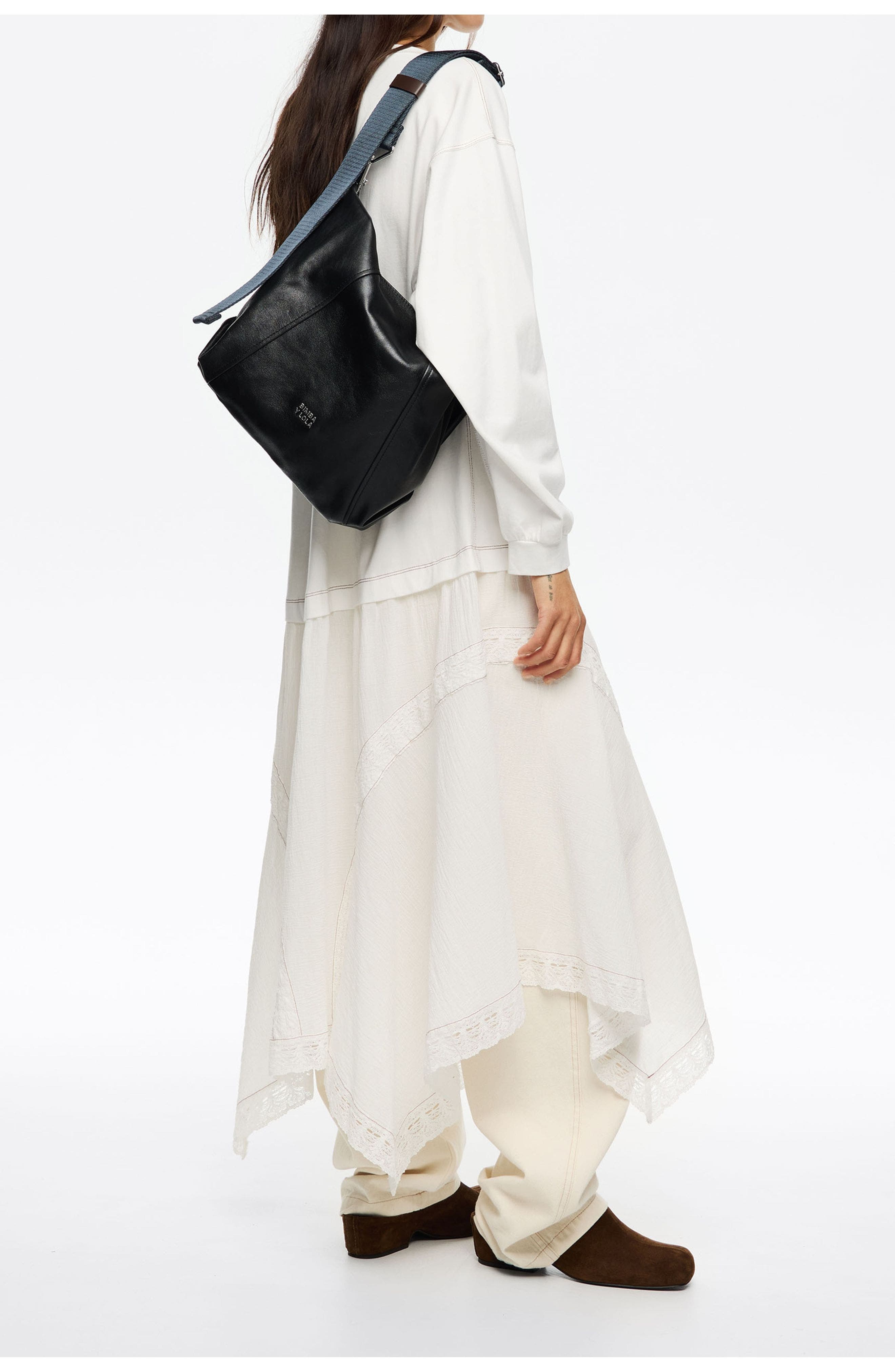 Bimba y Lola Medium Leather Paper Bag, Alternate, color, Black