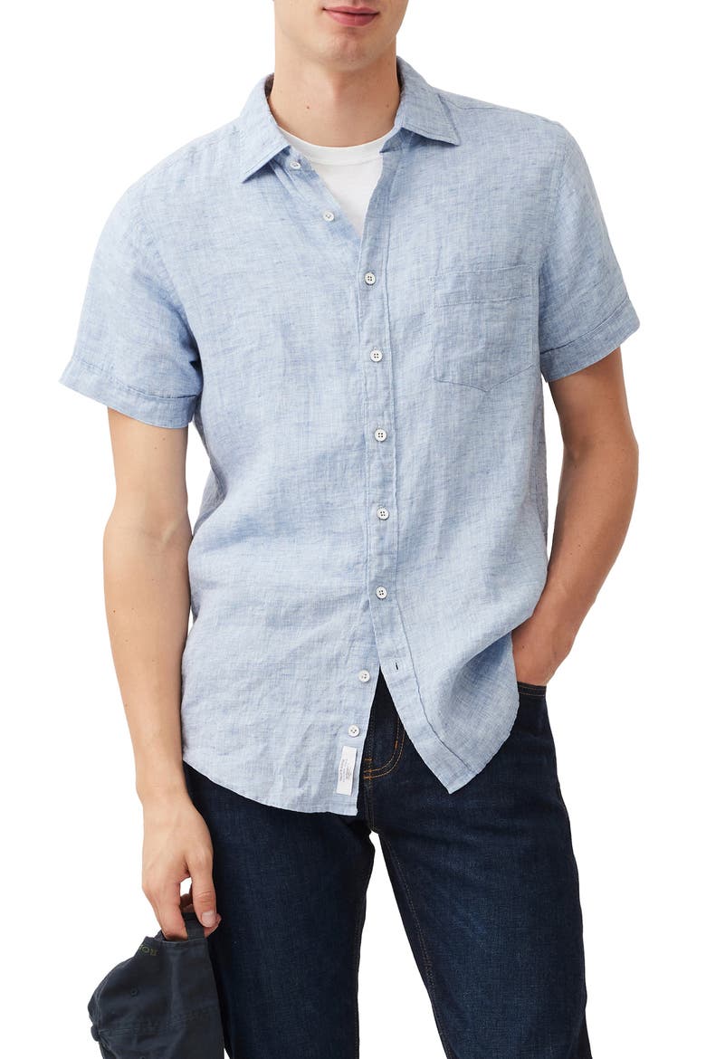 Palm Beach Sports Fit Short Sleeve Linen Button-Up Shirt, Main, color, DENIM