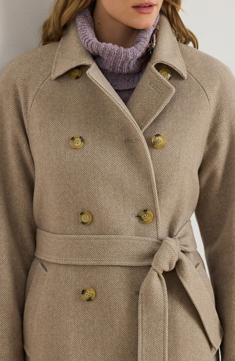 Lauren Ralph Lauren Plaid Belted Double Breasted Coat, Alternate, color, Camel/ Cream Plaid