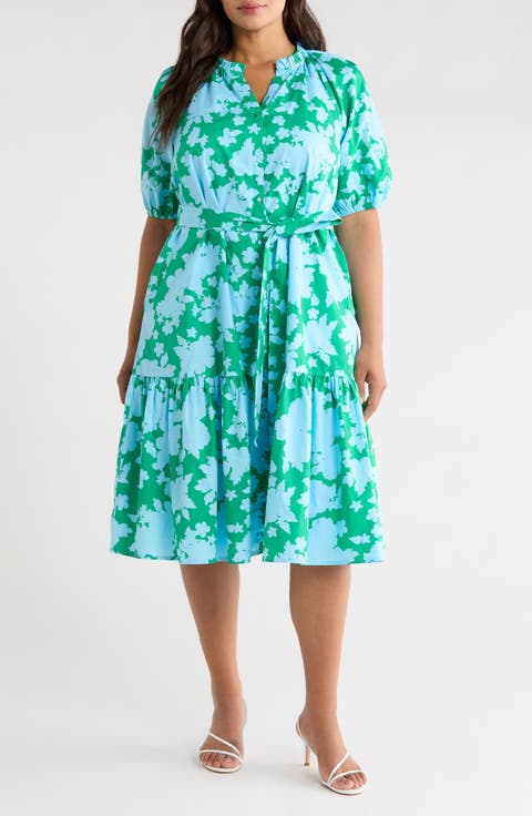Riona Floral Wynette Tiered Midi Dress (Plus Size)