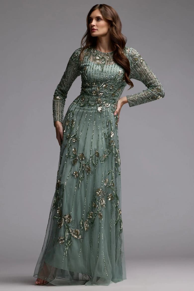 Women's Embellished Long Sleeve A-Line Gown, Alternate, color, Sage