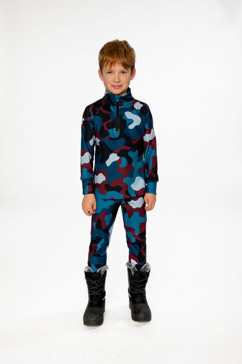 Camouflage Two Piece Brushed Half-Zip Top & Pants Thermal Underwear, Alternate, color, Blue and Red Camouflage