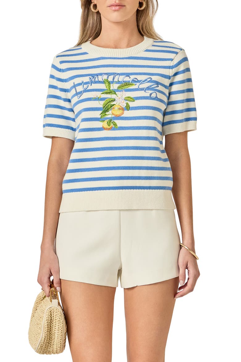 Lemoncello Stripe Short Sleeve Cotton Sweater, Alternate, color, WHITE/ BLUE