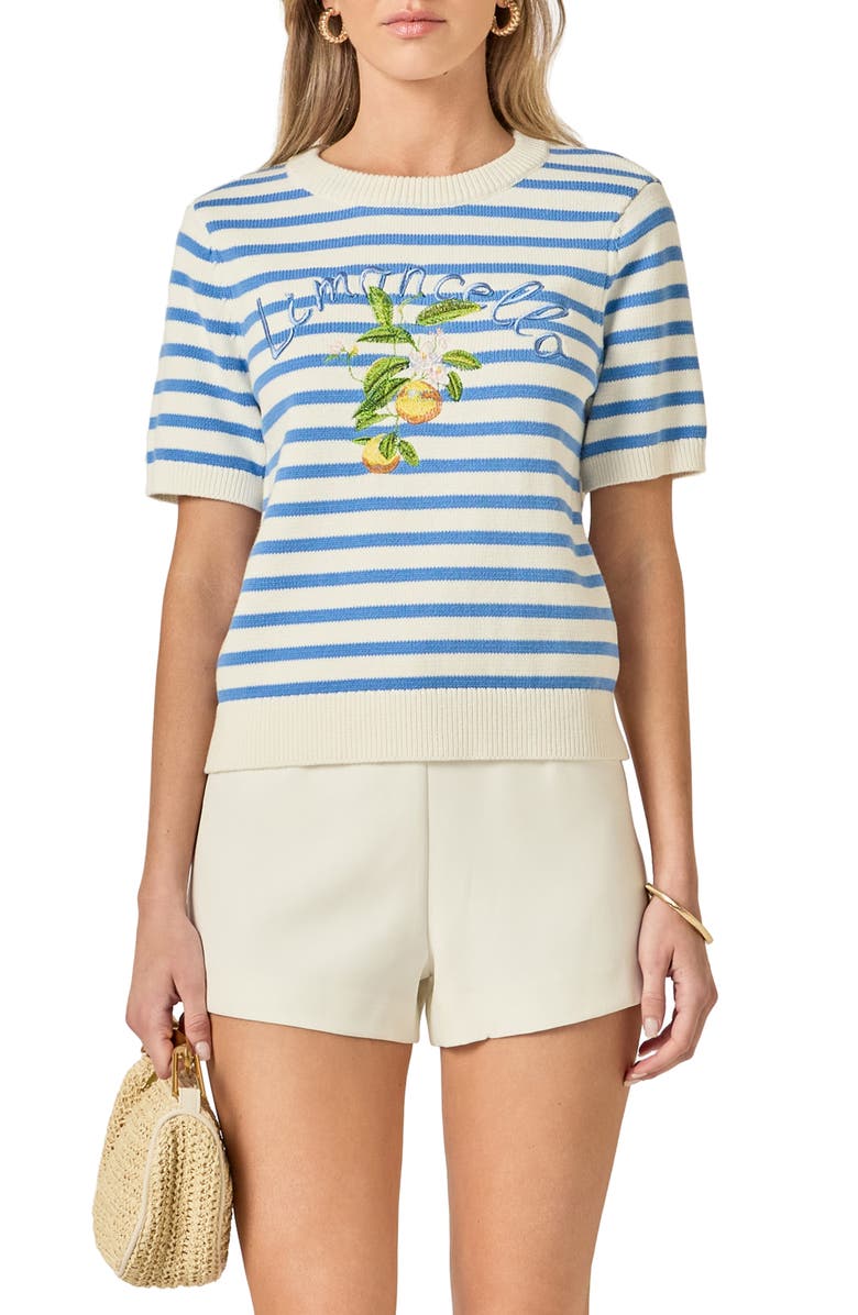 English Factory Lemoncello Stripe Short Sleeve Cotton Sweater, Alternate, color, White/ Blue