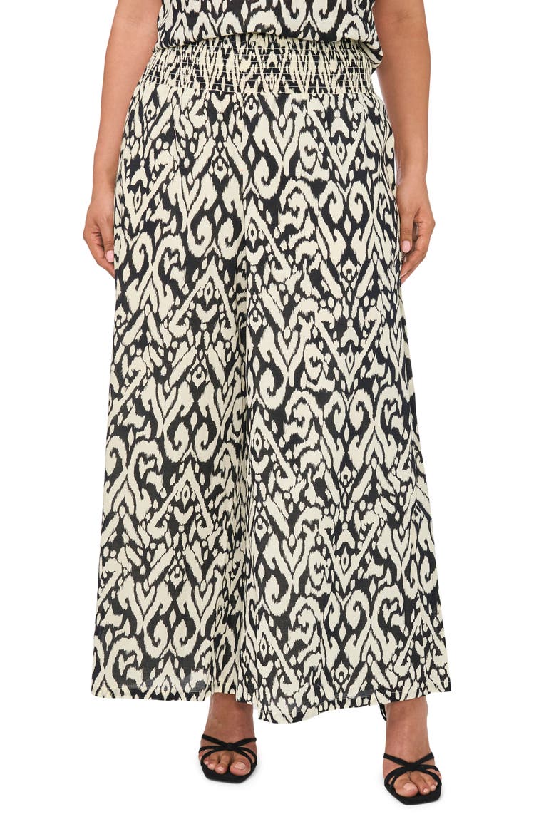 Smocked Waist Crop Wide Leg Cotton Pants, Main, color, RICH BLACK