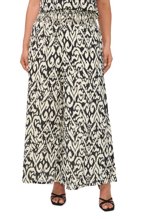Smocked Waist Crop Wide Leg Cotton Pants (Plus)