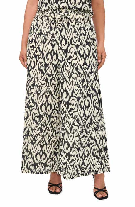 Smocked Waist Crop Wide Leg Cotton Pants