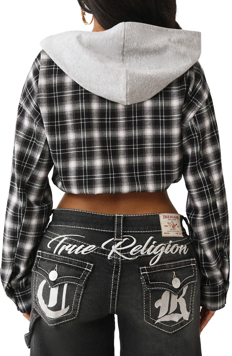 True Religion Plaid Zip Crop Hoodie, Alternate, color, Black / White Plaid