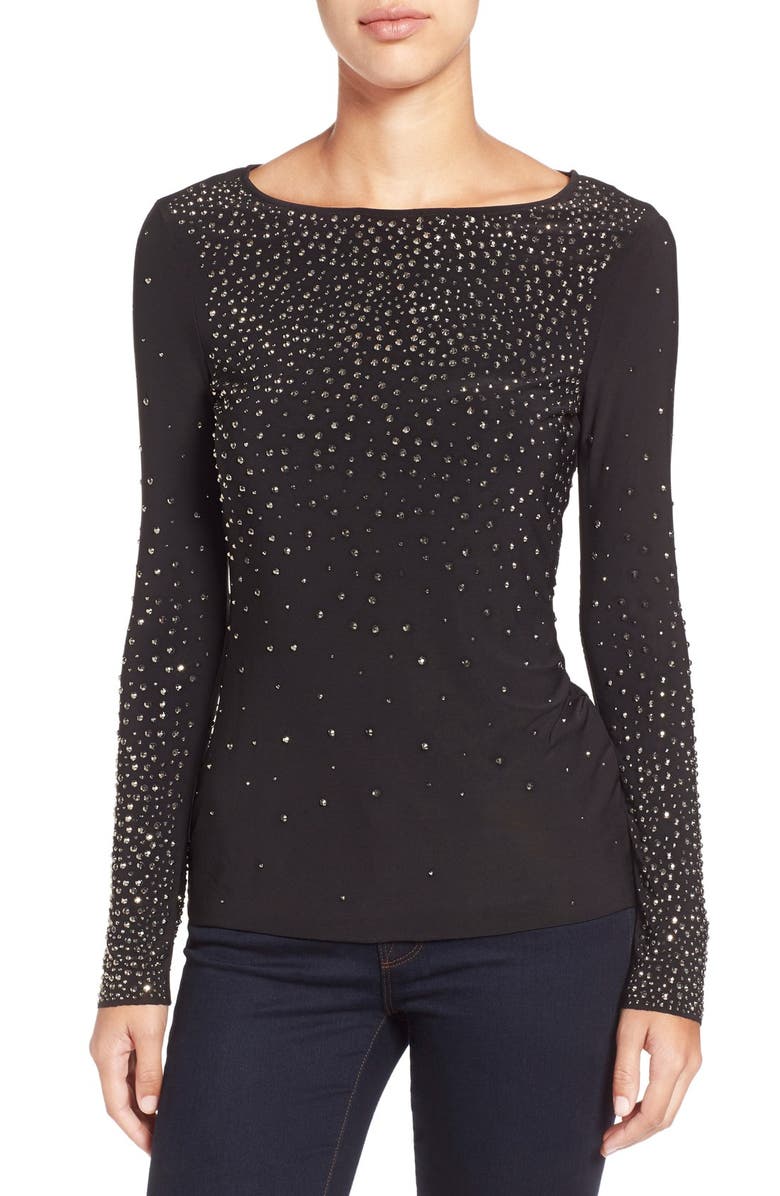 CeCe by Cynthia Steffe Rhinestone Embellished Long Sleeve Top, Main, color, Rich Black