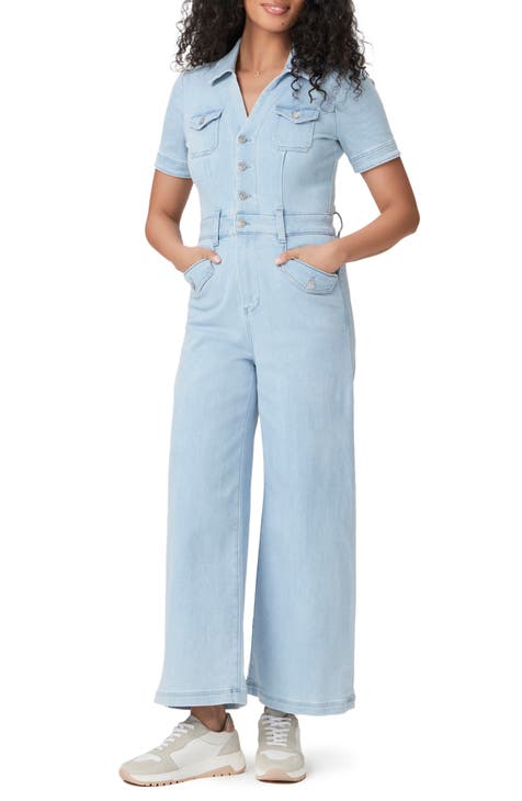 NWT Paige outlet Celia Jumpsuit Sz L Santa Monica Wash Light Blue Overalls Denim