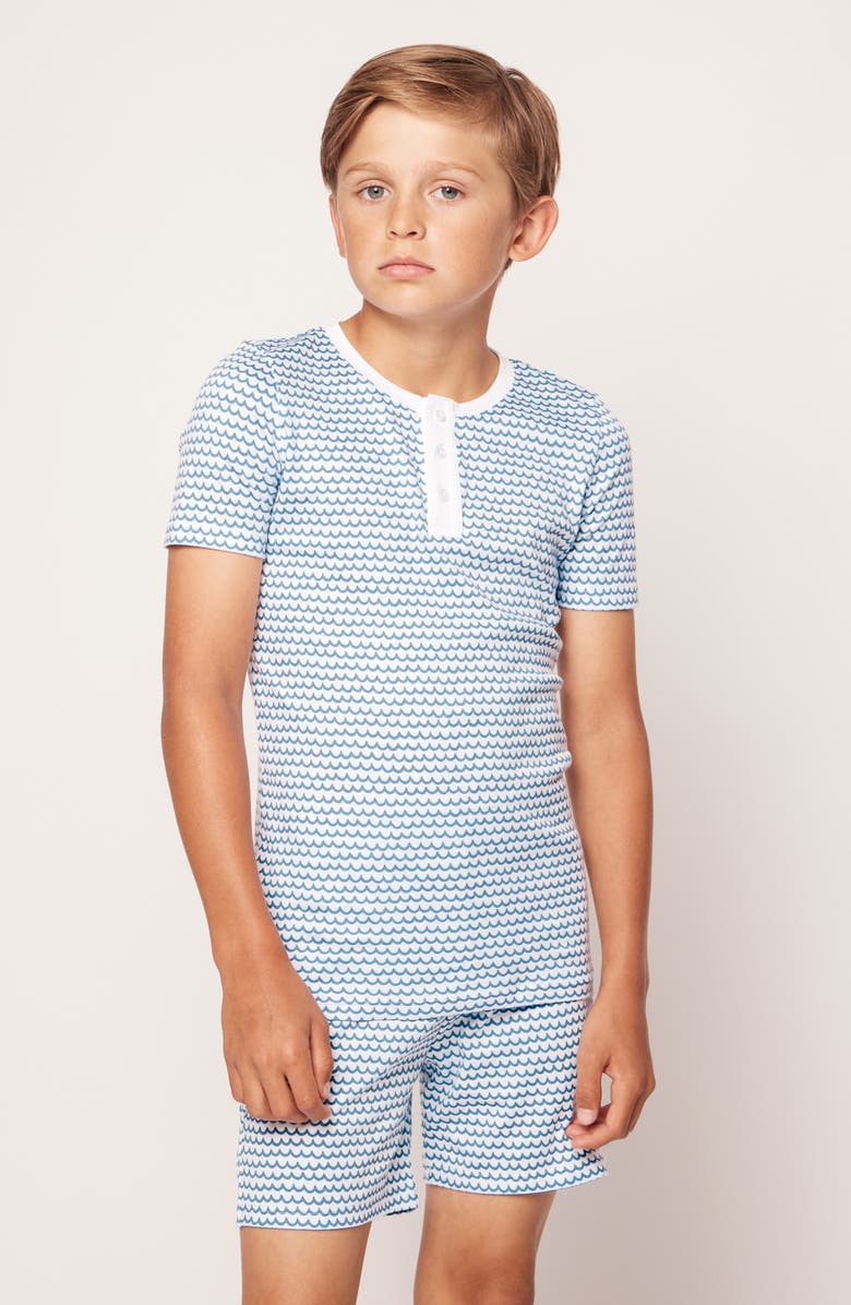 Petite Plume Kids' Wave Print Fitted Two-Piece Pima Cotton Short Pajamas, Alternate, color, La Mer