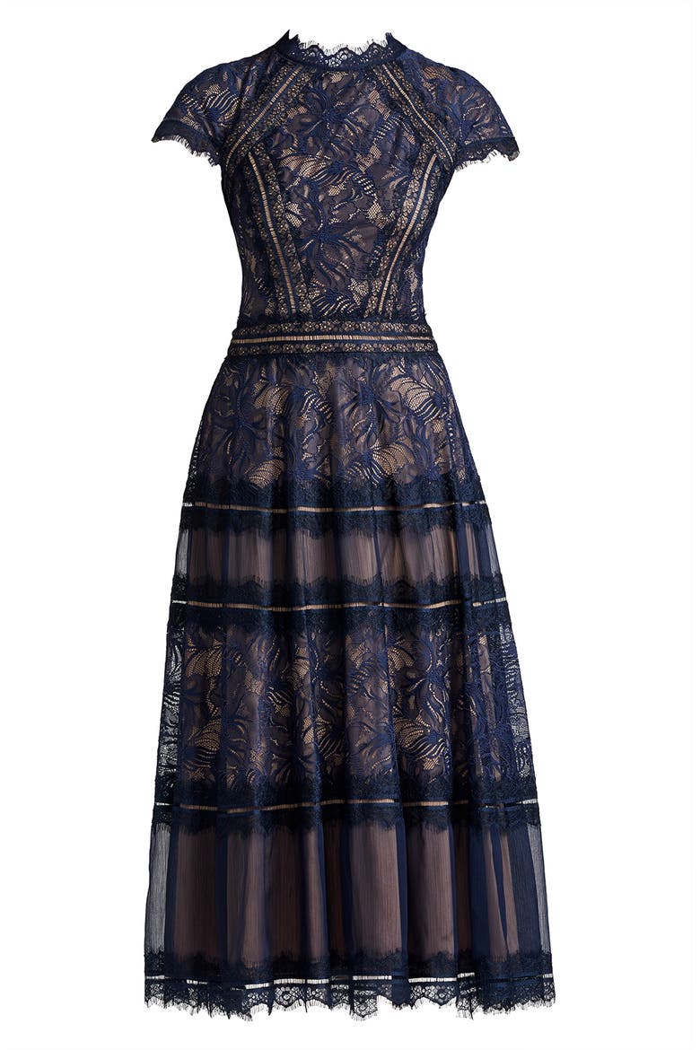 Lace Fit & Flare Cocktail Midi Dress, Alternate, color, ROYAL NAVY/ NUDE