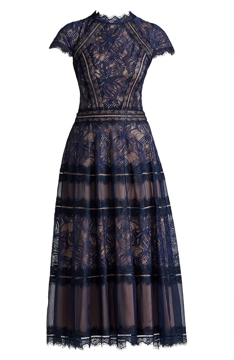 Tadashi Shoji Lace Fit & Flare Cocktail Midi Dress, Alternate, color, Royal Navy/ Nude