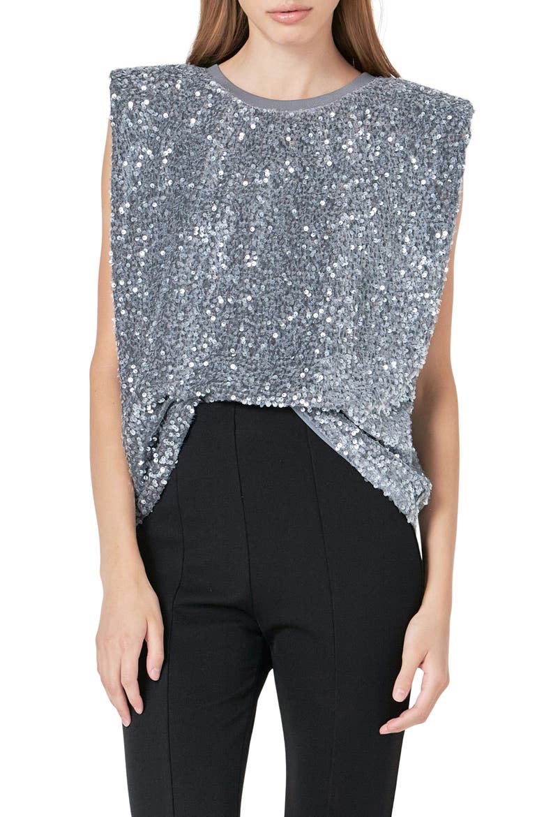 Sequin Padded Shoulder Velvet Top, Main, color, GREY