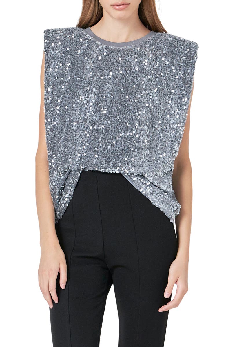 Endless Rose Sequin Padded Shoulder Velvet Top, Main, color, Grey