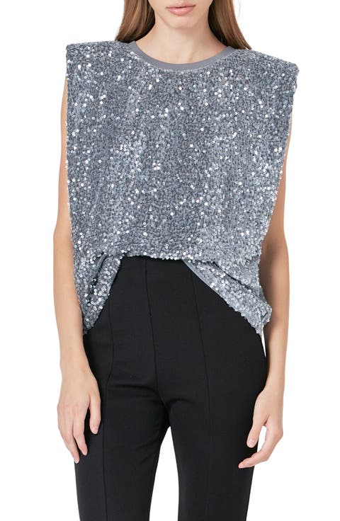 Sequin Padded Shoulder Velvet Top