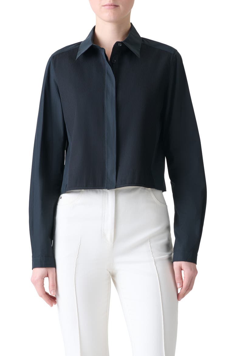 Pleat Front Crop Button-Up Shirt, Main, color, BLACK