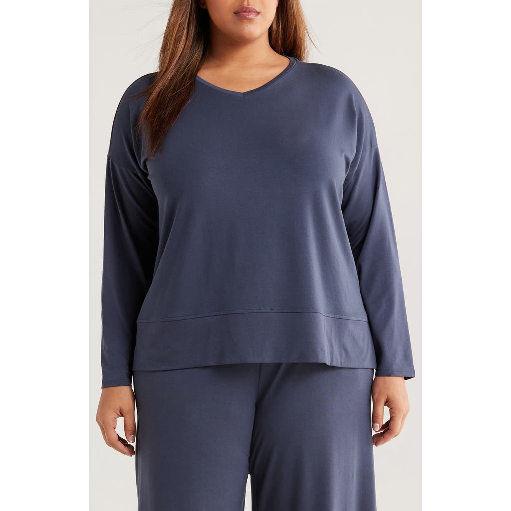 Eileen Fisher Boxy Long Sleeve V-neck Top In Blue