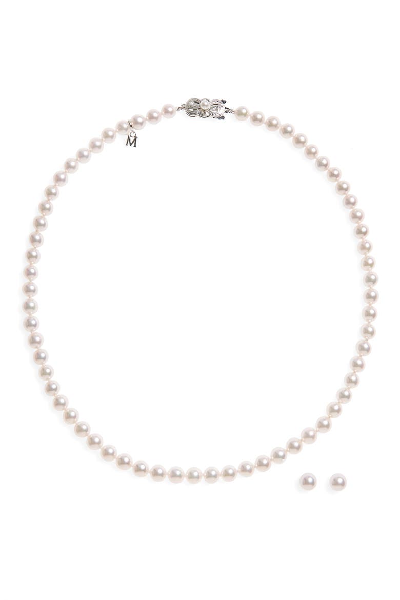 Cultured Pearl Necklace & Stud Earrings Set, Main, color, 18KW