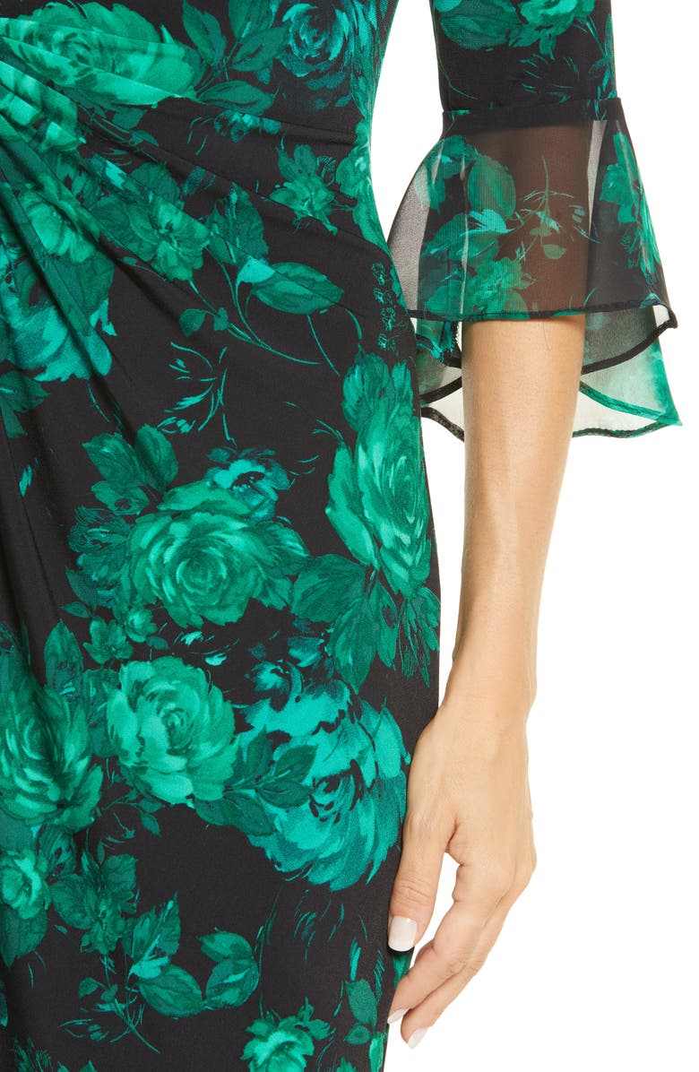 Connected Apparel Floral Chiffon Bell Sleeve Dress, Alternate, color,