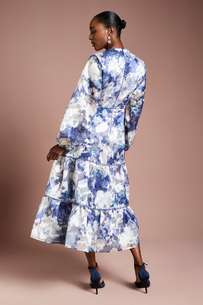 Printed Volume Fit And Flare Dress, Alternate, color, Navy