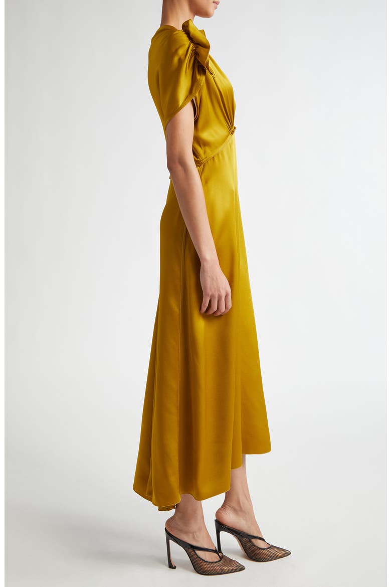 Ruffle Shoulder Satin Dress, Alternate, color, HARVEST GOLD