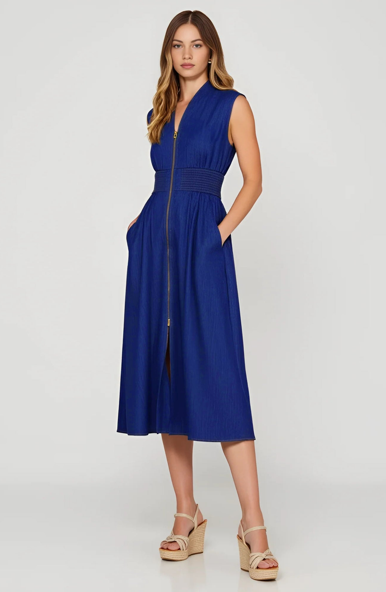 Modenaire Zip Front Midi Dress with Cap Sleeves and Smocked Waist, Alternate, color, Denim