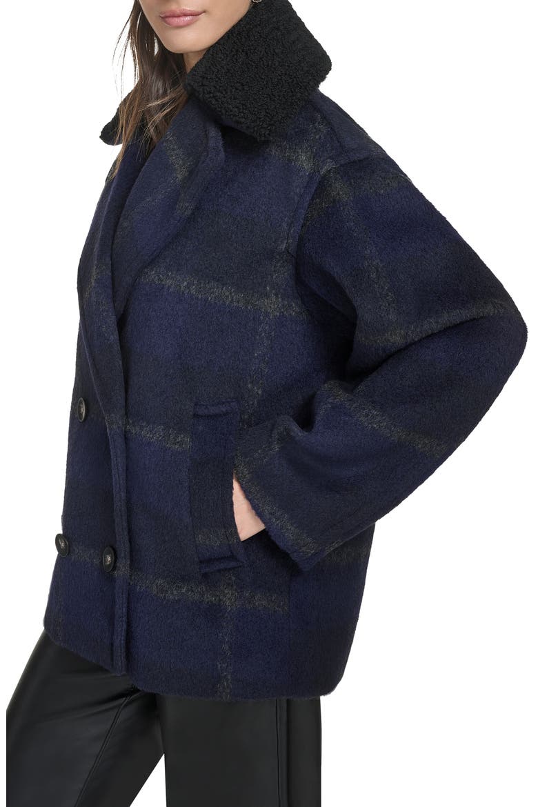 Plaid Short Peacoat with Removable Faux Shearling Collar, Alternate, color, NAVY PLAID